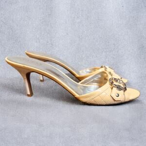 Vintage Y2K Guess by Marciano Cream Patent Leather Quilted Buckle Heeled Mules